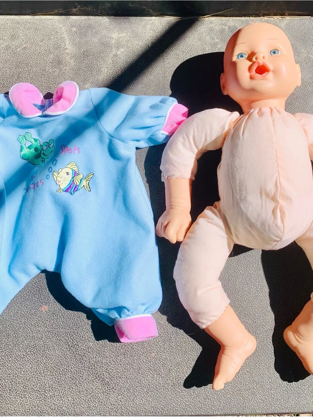 Baby doll toy Blue and Pink One-Piece Romper with Fish & Frog Embroidery